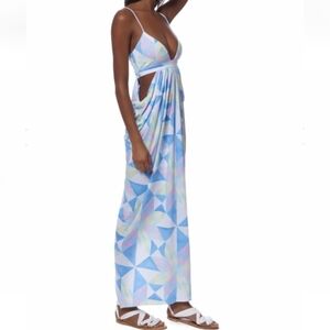 Mara Hoffman Swim Fractals Midriff Cutout Deep V Lace Up Back Maxi Dress Medium